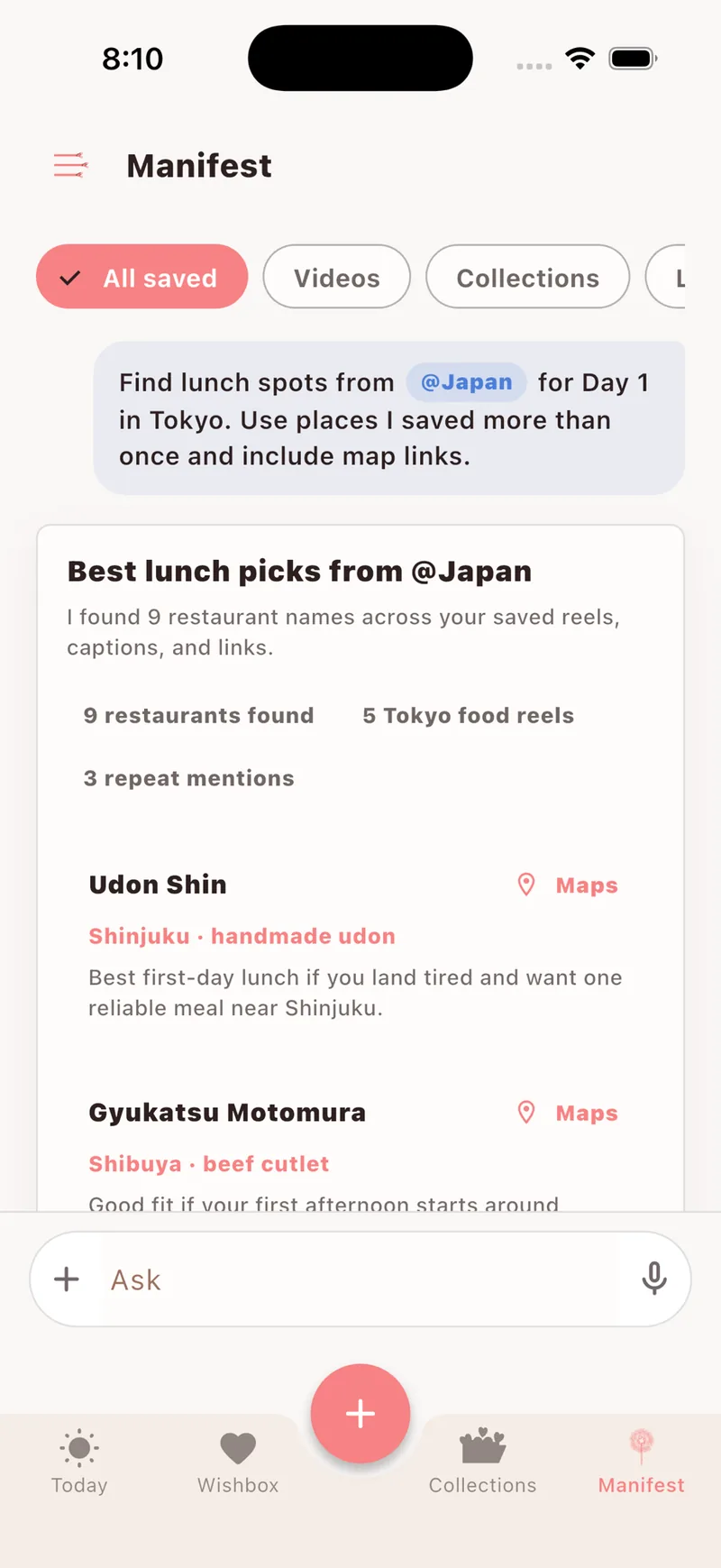 FindMyWish Manifest answering a question about saved items