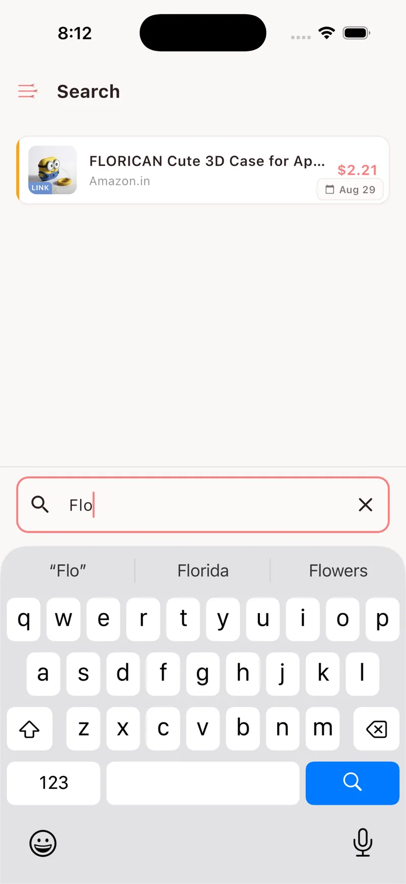 FindMyWish quick search finding a saved item as you type