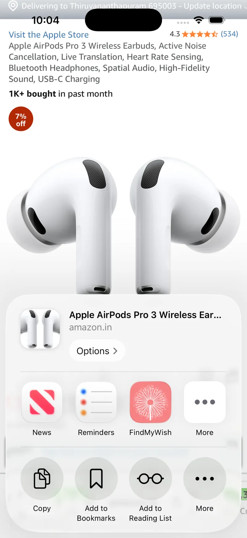 Sharing an Amazon product to FindMyWish from the share sheet