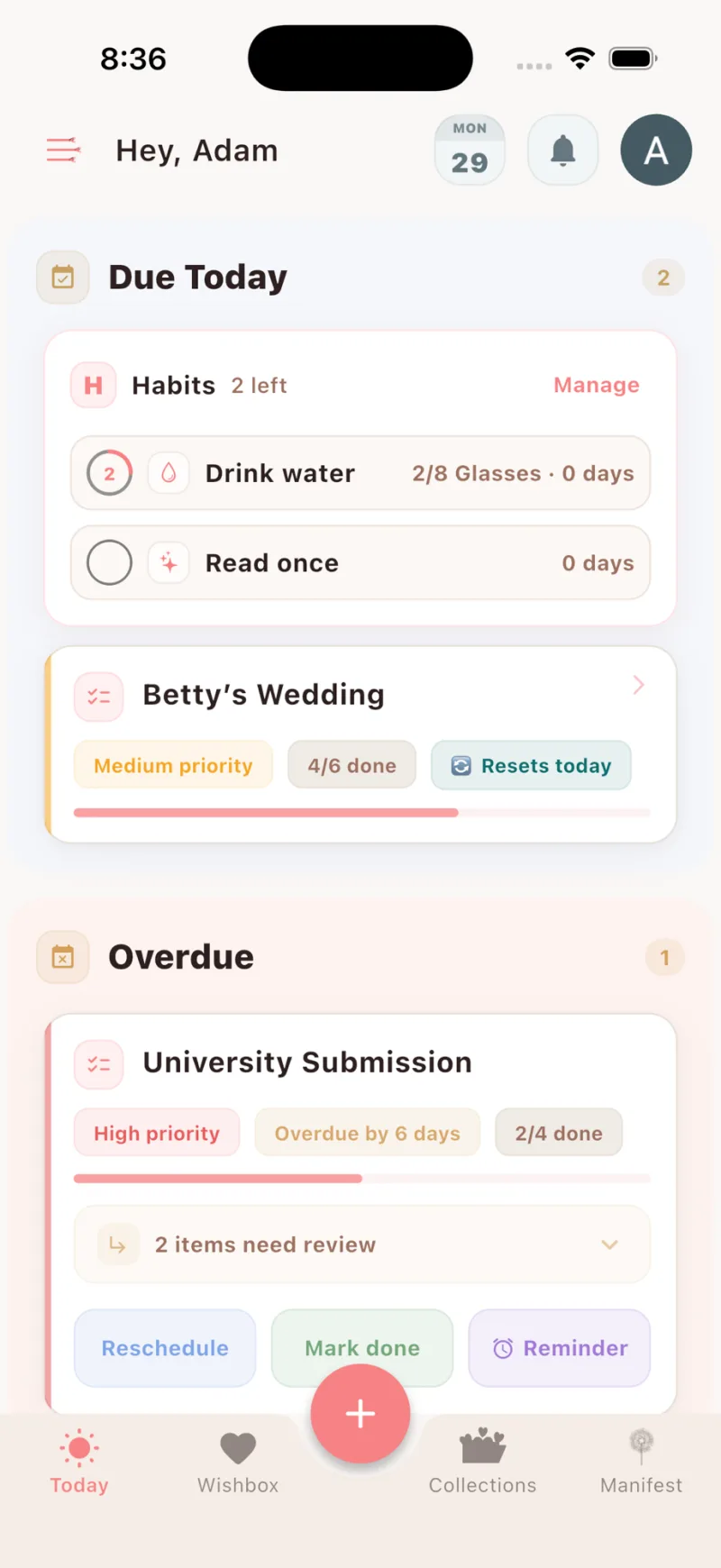 FindMyWish Today screen with due items, habits and reminders